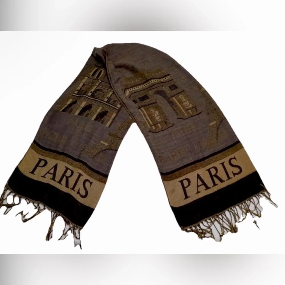 PARIS SCARF SHAWL WRAP VISCOUS BROWN BEIGE FRINGES EIFFEL TOWER ARC DE TRIOMPHE